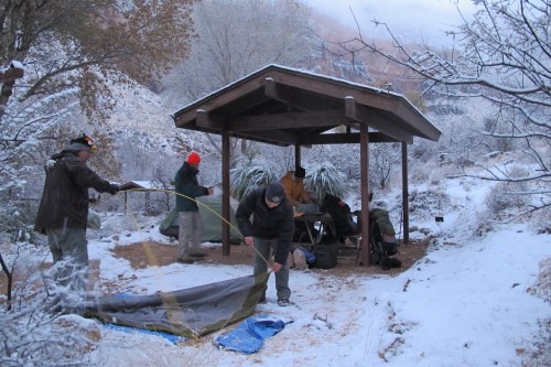 Breaking camp at Indian Gardens for the for the hike up the Bright Angel Trail. 