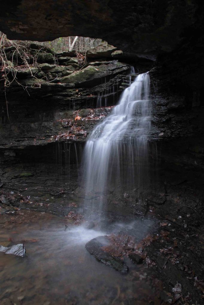 Lake Alma Waterfall as viewed from underneath its bluff.