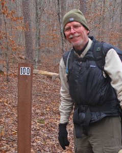 Passing the 100-mile marker of the Ozark Highlands Trail.