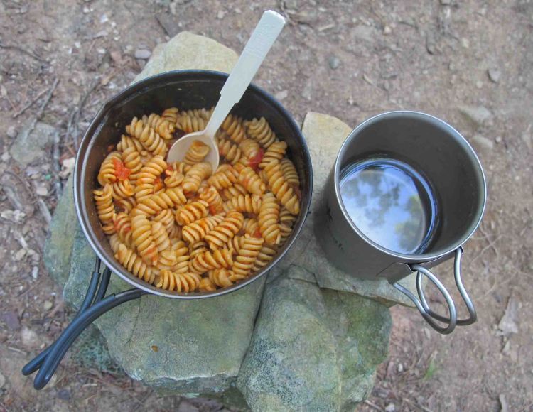 Dehydrated pasta and sauce.  At home, cook the pasta about 6 minutes then dehydrate.  One of my favorites on the trail! 