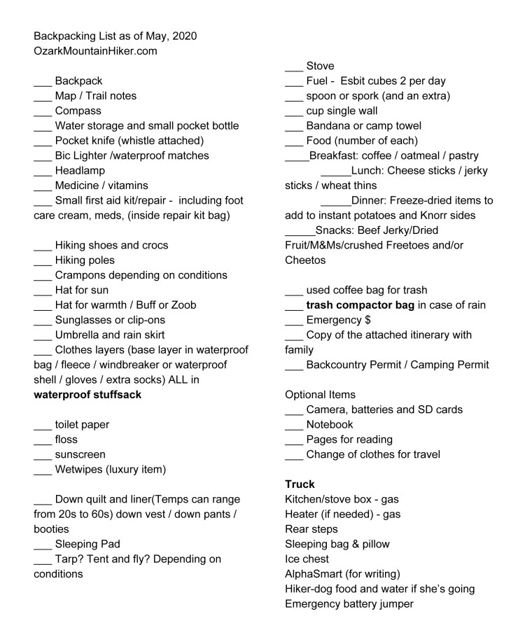 Backpacking List May 2020